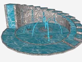 大型水景喷泉水池SU模型下载_sketchup草图大师SKP模型