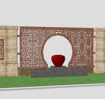新中式景墙水景围墙SU模型下载_sketchup草图大师SKP模型