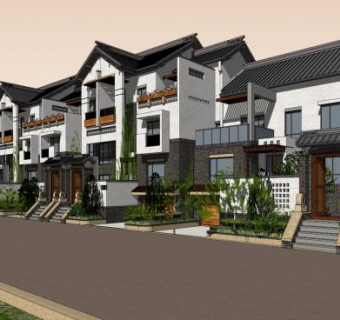 现代中式风格别墅建筑SU模型下载_sketchup草图大师SKP模型