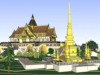 寺庙群落佛教泰国风格4层宗教SU模型下载_sketchup草图大师SKP模型