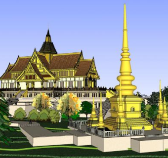 寺庙群落佛教泰国风格4层宗教SU模型下载_sketchup草图大师SKP模型