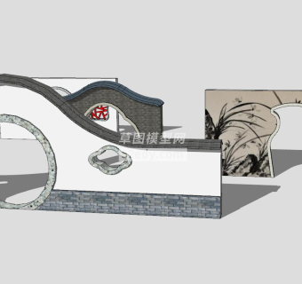 中式风格园林月门墙SU模型