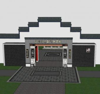 中式徽派大门入口宣传栏SU模型下载_sketchup草图大师SKP模型