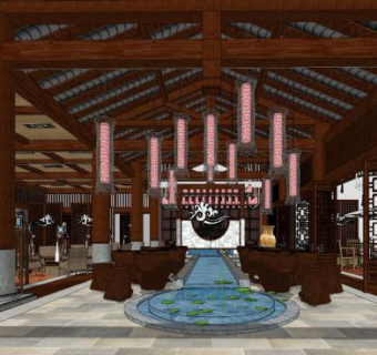中式风格餐饮休闲会所室内SU模型下载_sketchup草图大师SKP模型