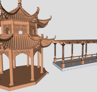 晚霞红石亭长廊凉亭SU模型下载_sketchup草图大师SKP模型
