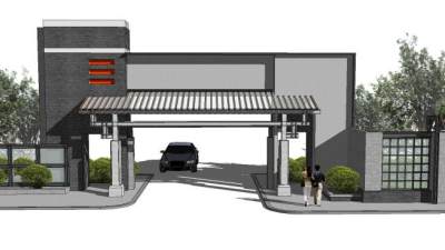 新中式风格小区入口SU模型下载_sketchup草图大师SKP模型