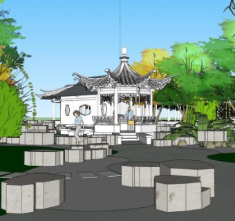 中式景观古建园林设计SU模型下载_sketchup草图大师SKP模型