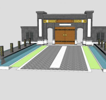 中式风格大门古建筑SU模型下载_sketchup草图大师SKP模型