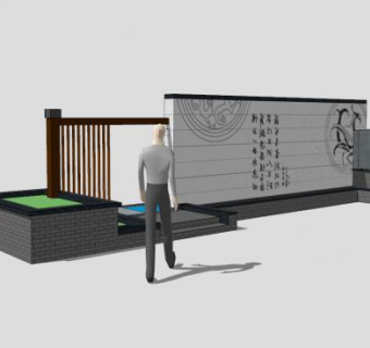 中式景墙围墙栏杆SU模型下载_sketchup草图大师SKP模型
