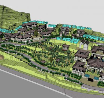 一个依山而建的唐风度假山庄SU模型下载_sketchup草图大师SKP模型