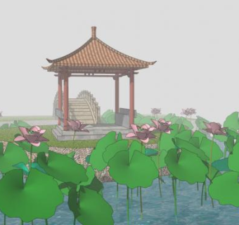 公园荷塘荷花池SU模型下载_sketchup草图大师SKP模型
