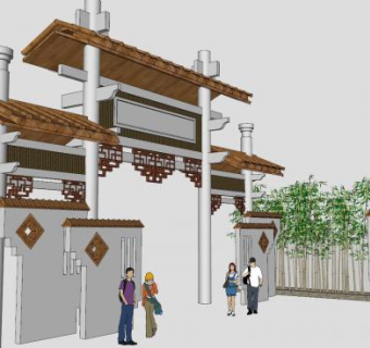大门入口围墙古建大门SU模型下载_sketchup草图大师SKP模型
