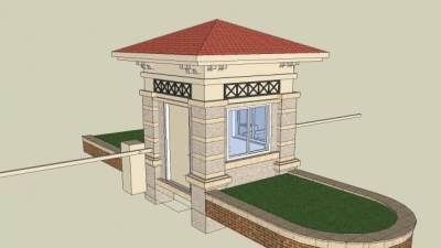 中式小区入口门卫岗亭保安室SU模型下载_sketchup草图大师SKP模型