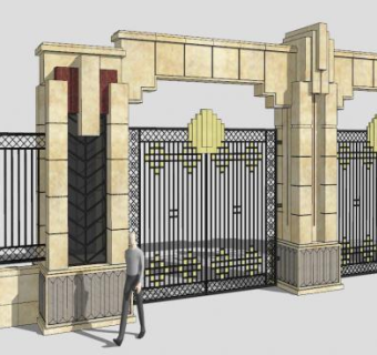 欧式铁艺大门景墙围墙SU模型下载_sketchup草图大师SKP模型