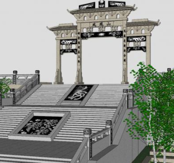 古建筑凤凰山门带树字SU模型下载_sketchup草图大师SKP模型