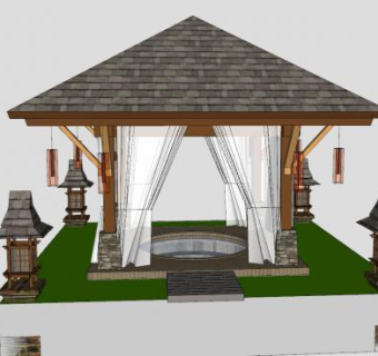 东南亚风格亭子建筑SU模型下载_sketchup草图大师SKP模型