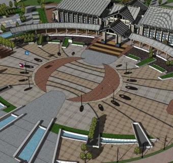 温泉广场(新中式)度假村SU模型