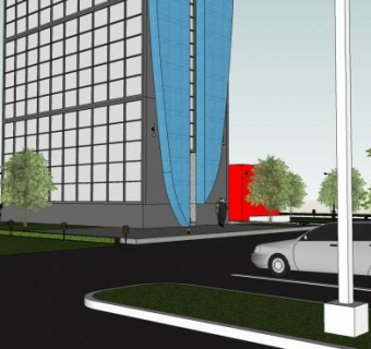 现代钟楼建筑及露天停车场SU模型下载_sketchup草图大师SKP模型
