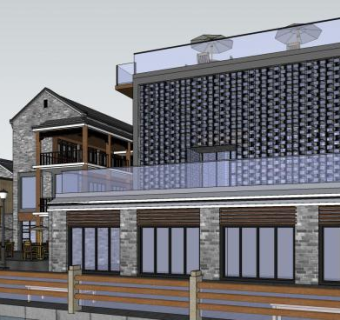 沿河古建的改造商业街方案SU模型下载_sketchup草图大师SKP模型