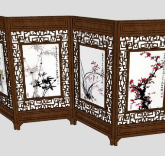 中式风屏风隔断SU模型下载_sketchup草图大师SKP模型