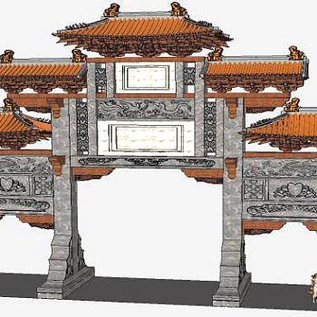 山门古建大门牌坊浮雕大门建筑SU模型下载_sketchup草图大师SKP模型