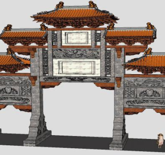 山门古建大门牌坊浮雕大门建筑SU模型下载_sketchup草图大师SKP模型