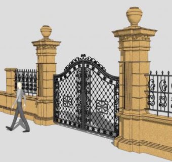 欧式铁艺大门景墙SU模型下载_sketchup草图大师SKP模型