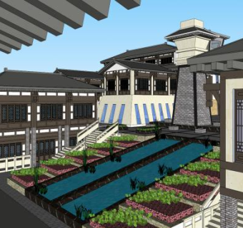 一个秦汉风格的古镇仿古建筑SU模型下载_sketchup草图大师SKP模型