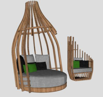 木制吊篮座椅建筑SU模型下载_sketchup草图大师SKP模型