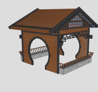新中式亭廊木亭子建筑SU模型下载_sketchup草图大师SKP模型