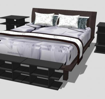 现代床铺床头柜SU模型下载_sketchup草图大师SKP模型