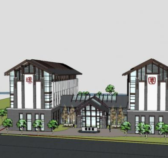 中式酒店建筑概念方案SU模型下载_sketchup草图大师SKP模型