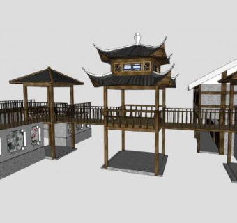 古建中国古建连廊亭子SU模型下载_sketchup草图大师SKP模型