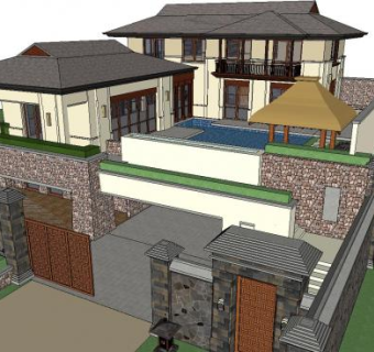 万科公望住宅别墅建筑中式平面立面SU模型下载_sketchup草图大师SKP模型