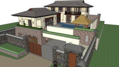 万科公望住宅别墅建筑中式平面立面SU模型下载_sketchup草图大师SKP模型