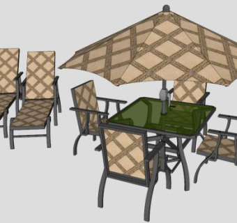 一套户外躺椅 和遮阳伞桌椅SU模型下载_sketchup草图大师SKP模型