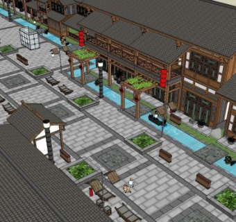 川东风格的商业街仿古SU模型下载_sketchup草图大师SKP模型