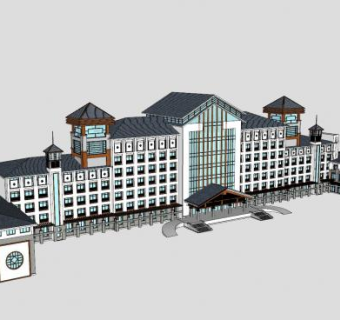 徽派中式酒店主楼建筑SU模型下载_sketchup草图大师SKP模型