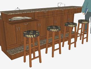 欧式木制厨房 吧台桌椅SU模型下载_sketchup草图大师SKP模型