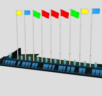 水景和喷泉带旗帜水景SU模型下载_sketchup草图大师SKP模型