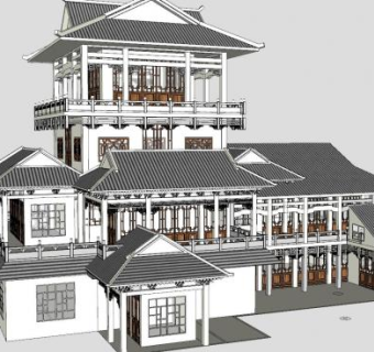 中式风格古建建筑SU模型下载_sketchup草图大师SKP模型