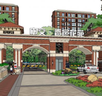 欧式风格小区入口大门及小区整体规划SU模型