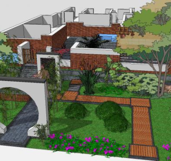 中式别墅庭院景观SU模型下载_sketchup草图大师SKP模型