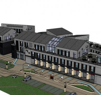 现代风格商业街灰砖建筑SU模型下载_sketchup草图大师SKP模型