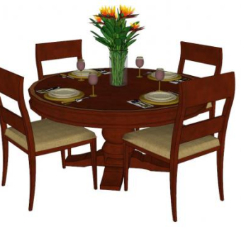 圆形桌椅餐桌椅花瓶餐具SU模型下载_sketchup草图大师SKP模型