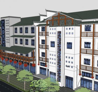 新中式的商业街仿古建筑SU模型下载_sketchup草图大师SKP模型