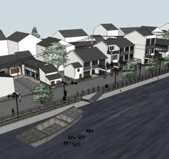 中式古建河提房建筑SU模型下载_sketchup草图大师SKP模型