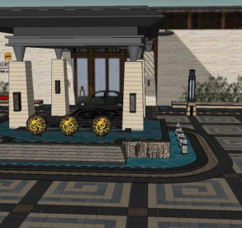 新中式售楼处酒店景观SU模型下载_sketchup草图大师SKP模型