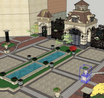 商业街A43小区法式入口以及门前诸多小品SU模型