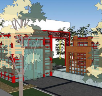 新中式会所屋顶花园SU模型下载_sketchup草图大师SKP模型